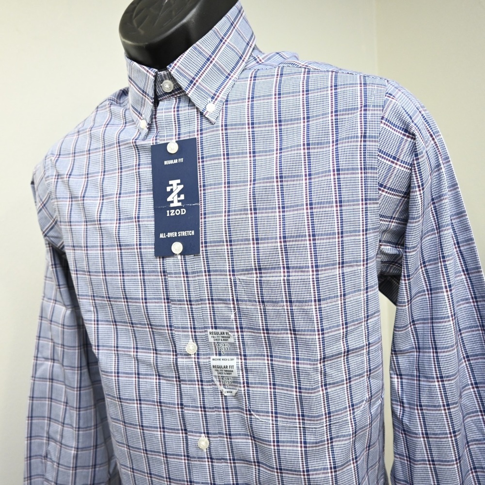 IZOD Dress Shirt Plaid Stretch Wrinkle‎ Free Long Sleeve Mens Size Small NEW